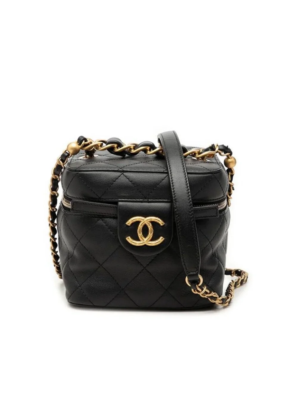 Chanel Quilted CC Logo Chain Shoulder Bag Vanity Black Lambskin